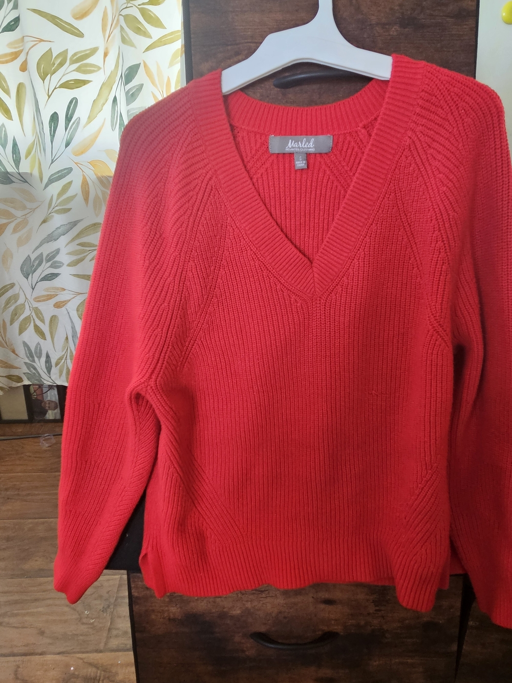 Marled Bright Red V-Neck Ribbed Sweater